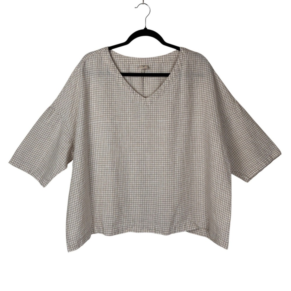 Lintico Womens Boxy Dolman Sleeve Gingham V-Neck Top Size XXL Brown